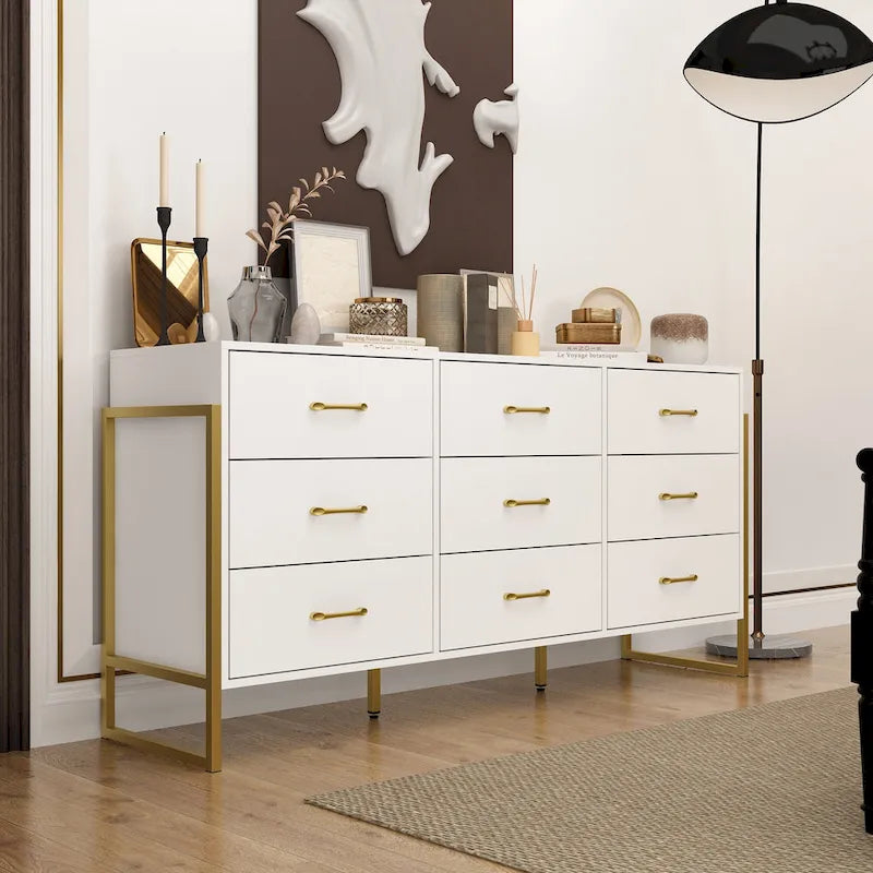 Modern Black 9-Drawer Dresser with Gold Handles