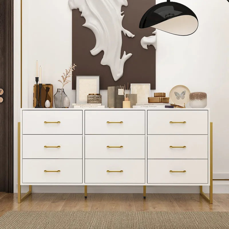 Modern Black 9-Drawer Dresser with Gold Handles