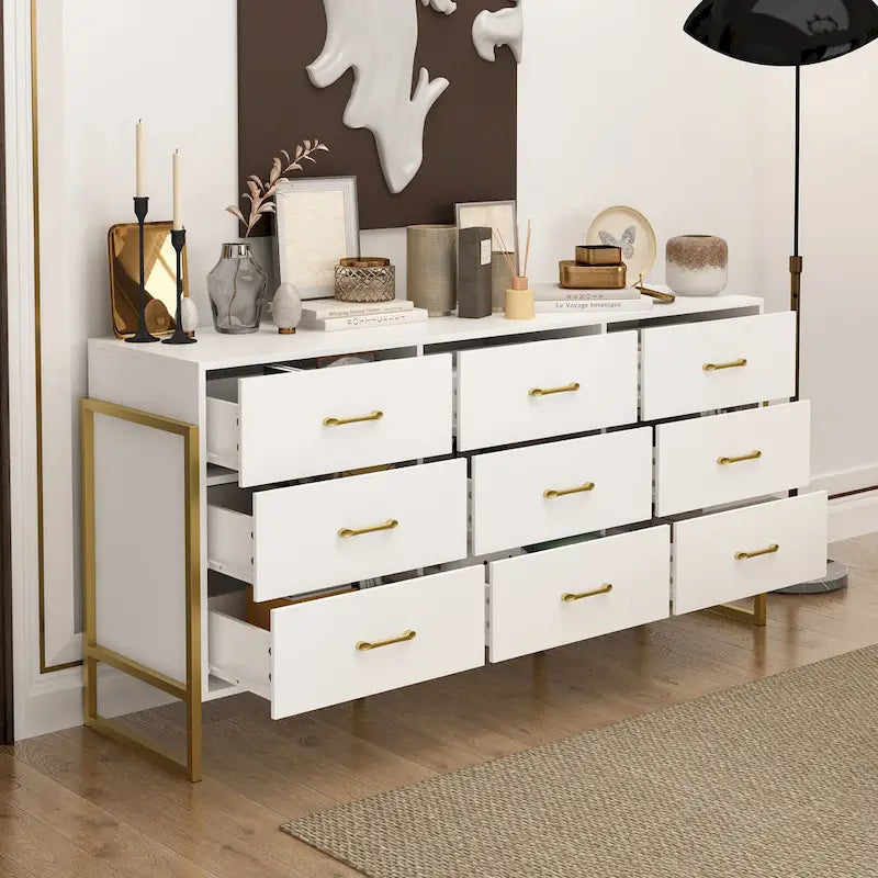 Modern Black 9-Drawer Dresser with Gold Handles