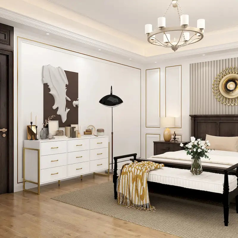 Modern Black 9-Drawer Dresser with Gold Handles