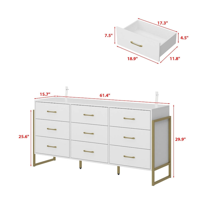 Modern Black 9-Drawer Dresser with Gold Handles