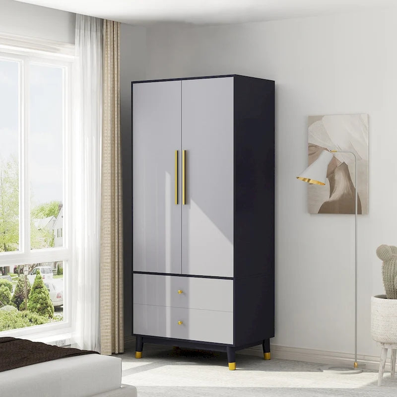 Wood 2-Door Wardrobe Armoire with 2-Drawers