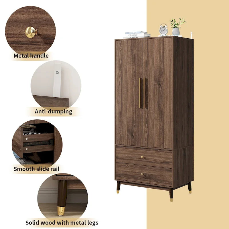 Wood 2-Door Wardrobe Armoire with 2-Drawers
