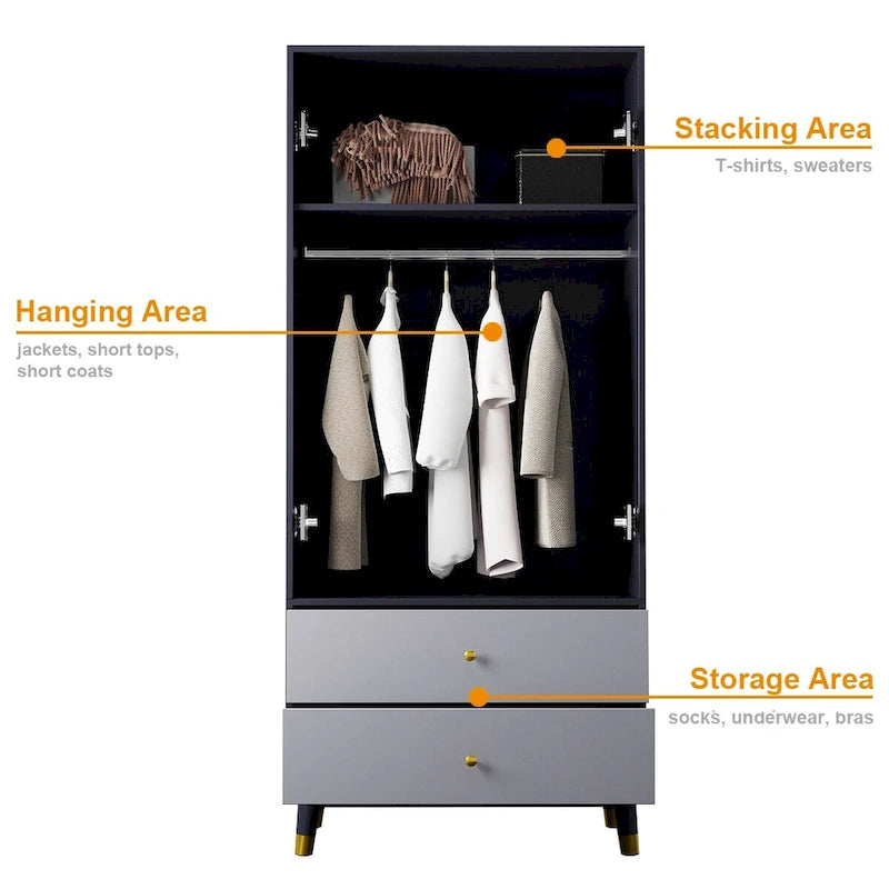 Wood 2-Door Wardrobe Armoire with 2-Drawers