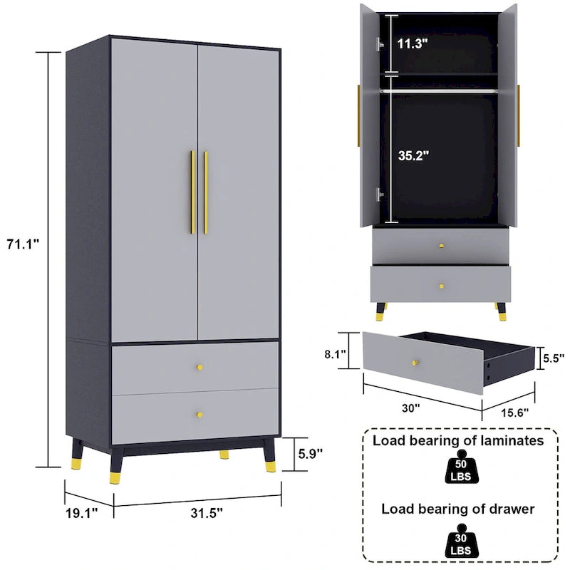 Wood 2-Door Wardrobe Armoire with 2-Drawers
