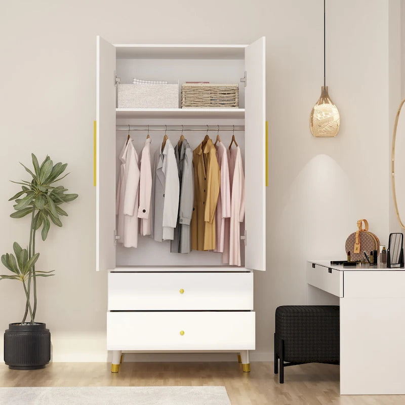 Wood 2-Door Wardrobe Armoire with 2-Drawers