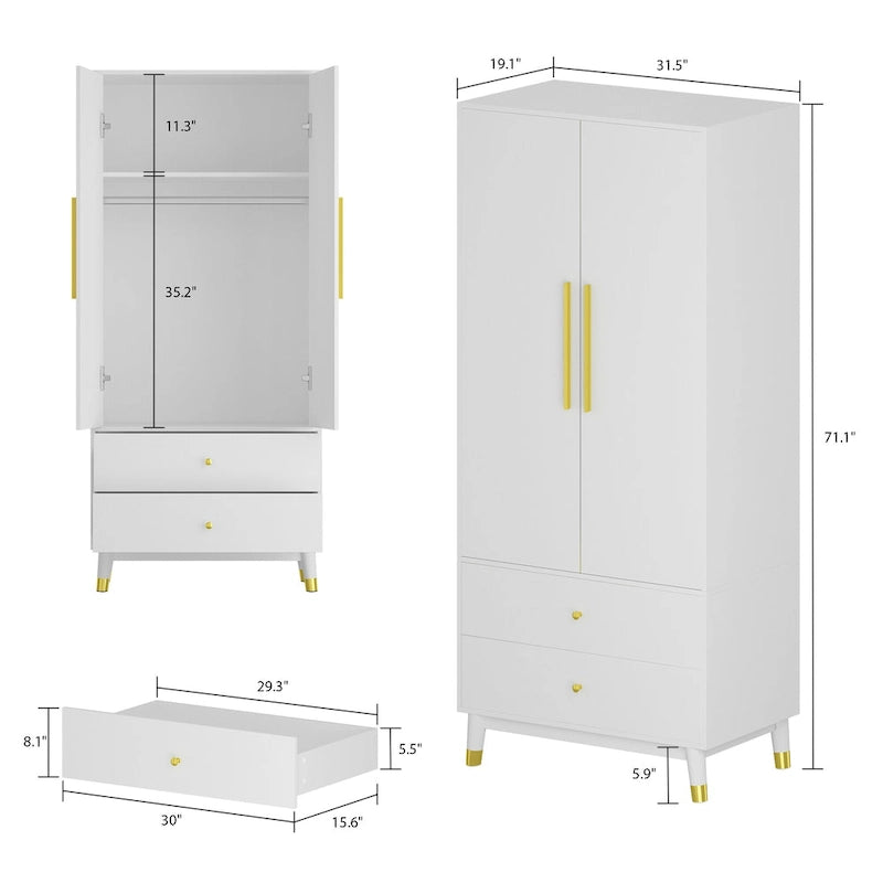 Wood 2-Door Wardrobe Armoire with 2-Drawers