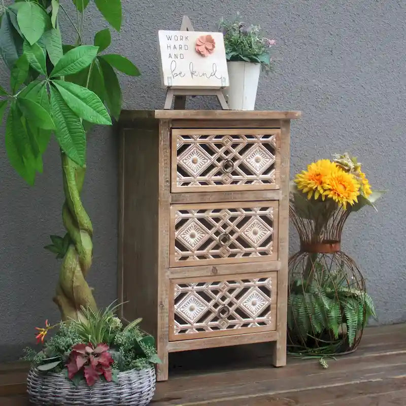 Wooden Accent Table with Three Carved Drawers in Vintage Style