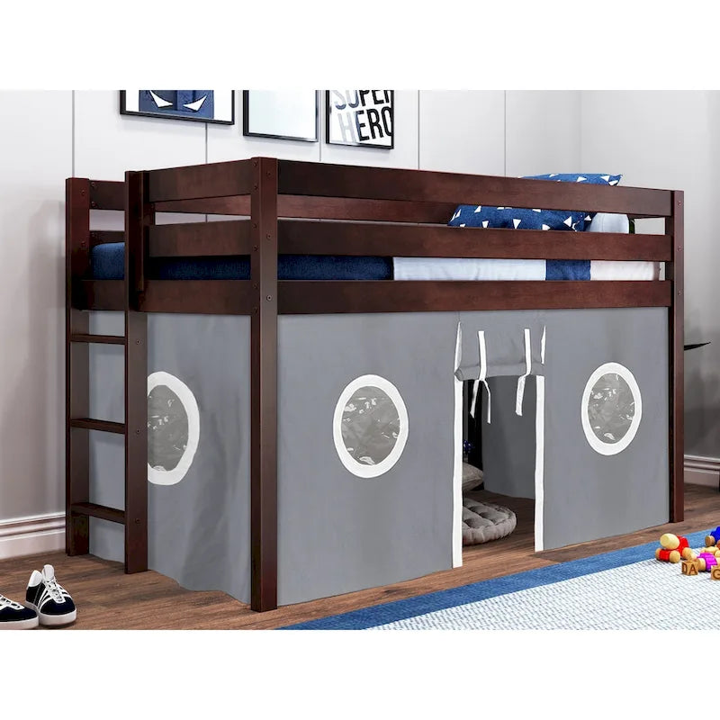 Contemporary Low Loft Twin Bed with End Ladder and Tent