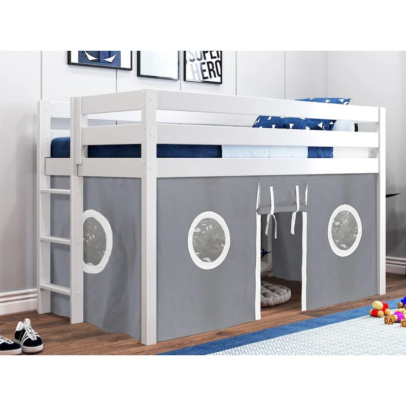 Contemporary Low Loft Twin Bed with End Ladder and Tent