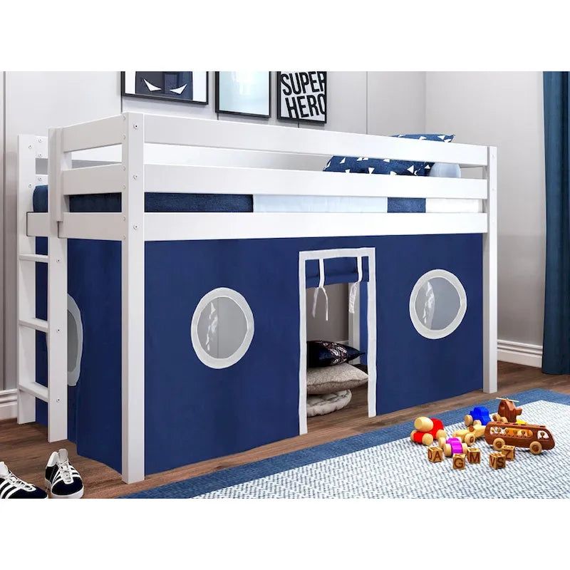 Contemporary Low Loft Twin Bed with End Ladder and Tent