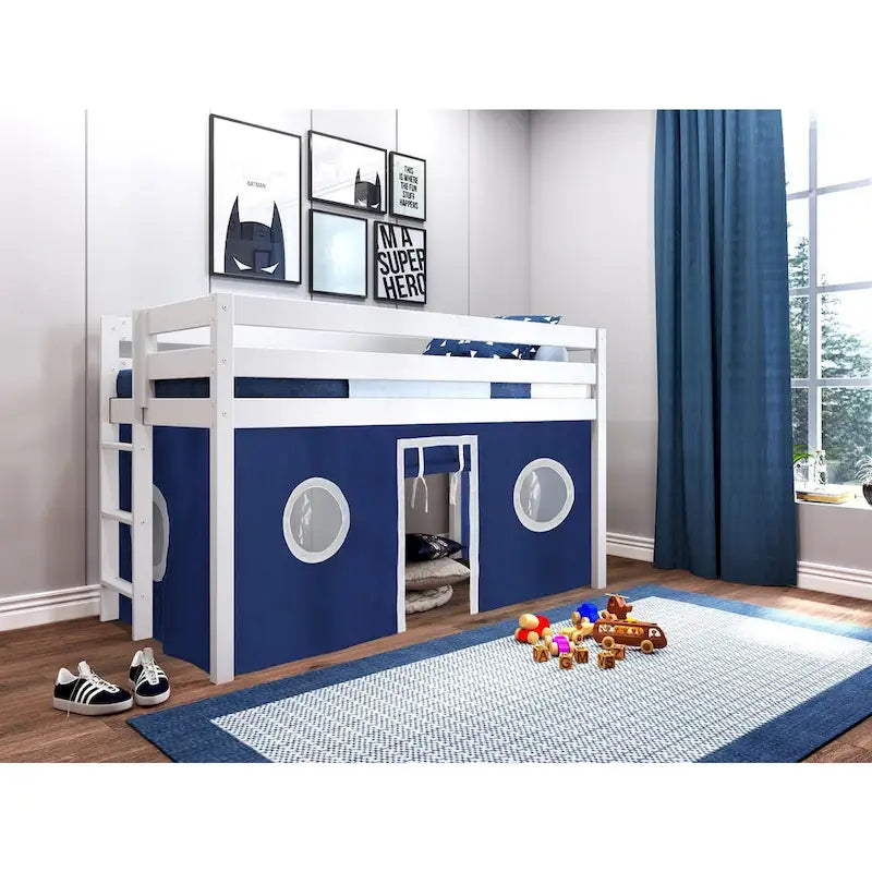 Contemporary Low Loft Twin Bed with End Ladder and Tent