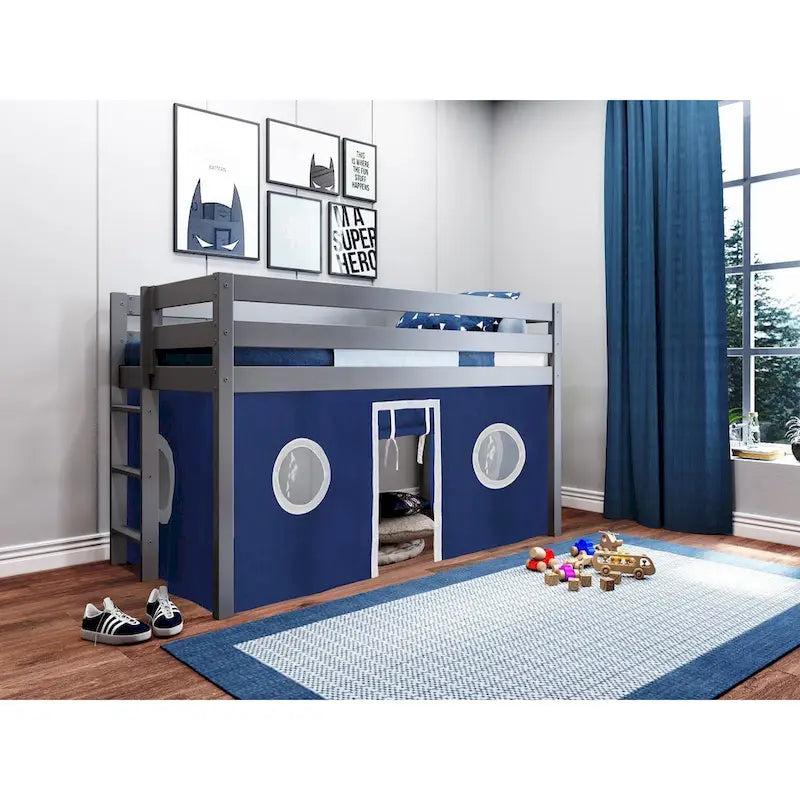 Contemporary Low Loft Twin Bed with End Ladder and Tent
