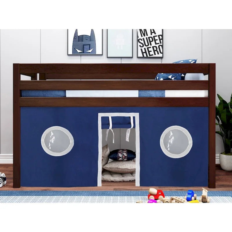 Contemporary Low Loft Twin Bed with End Ladder and Tent