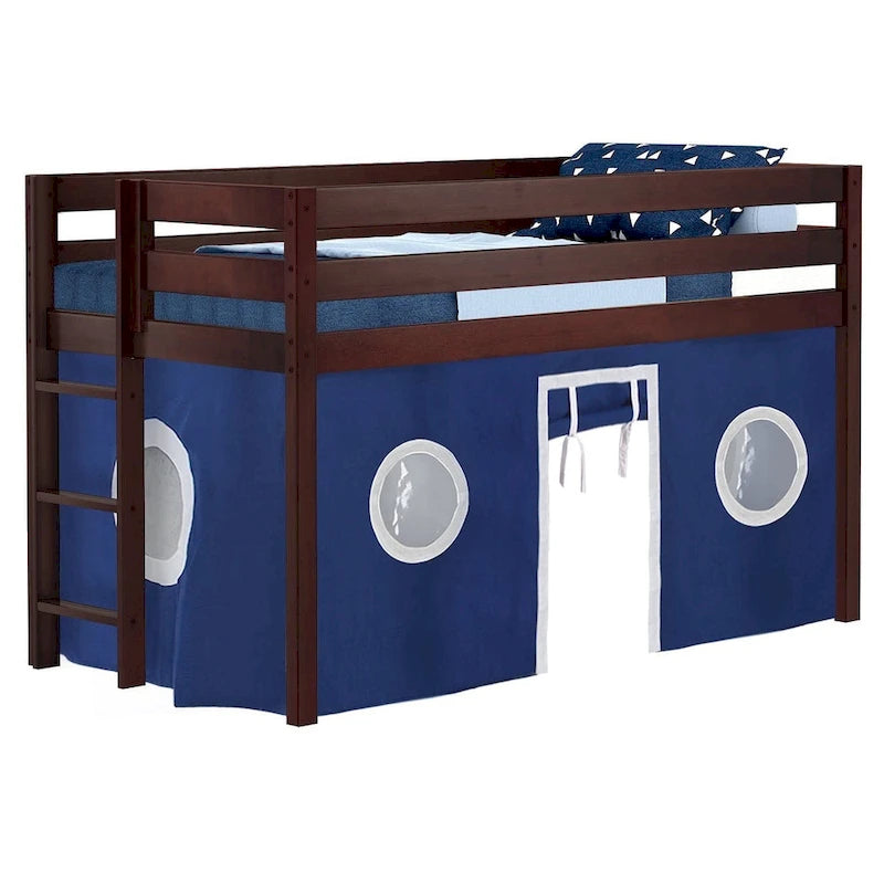 Contemporary Low Loft Twin Bed with End Ladder and Tent