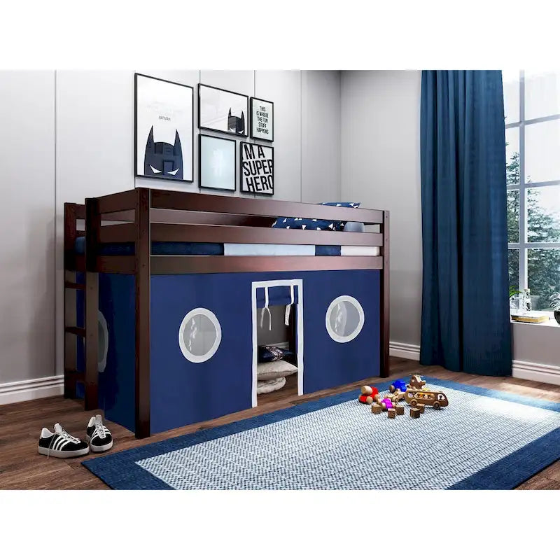 Contemporary Low Loft Twin Bed with End Ladder and Tent