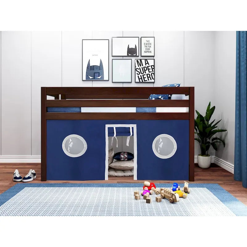 Contemporary Low Loft Twin Bed with End Ladder and Tent