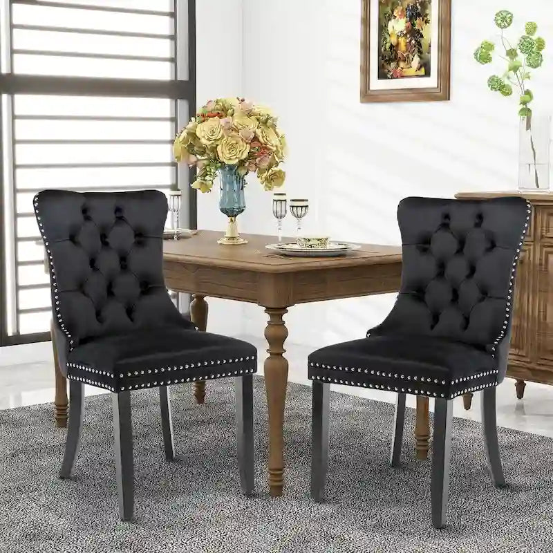 Set of 2 Velvet Dining Chairs with Nailhead Trim and Ring Pull