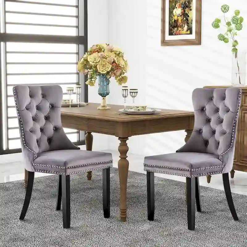 Set of 2 Velvet Dining Chairs with Nailhead Trim and Ring Pull