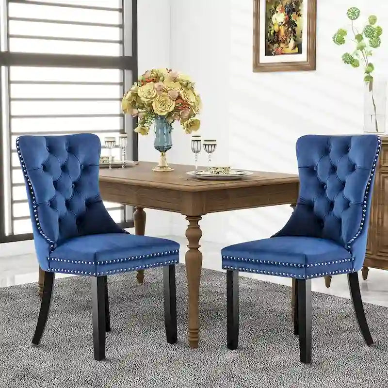 Set of 2 Velvet Dining Chairs with Nailhead Trim and Ring Pull