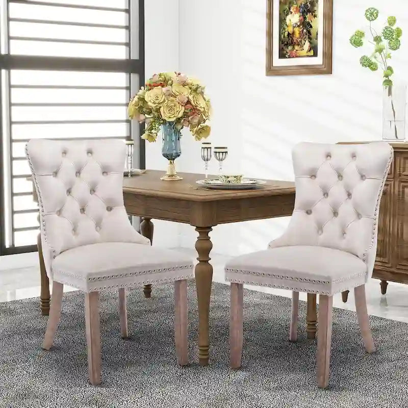 Set of 2 Velvet Dining Chairs with Nailhead Trim and Ring Pull