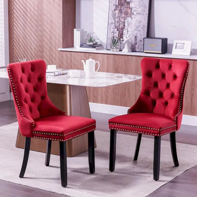 Set of 2 Velvet Dining Chairs with Nailhead Trim and Ring Pull