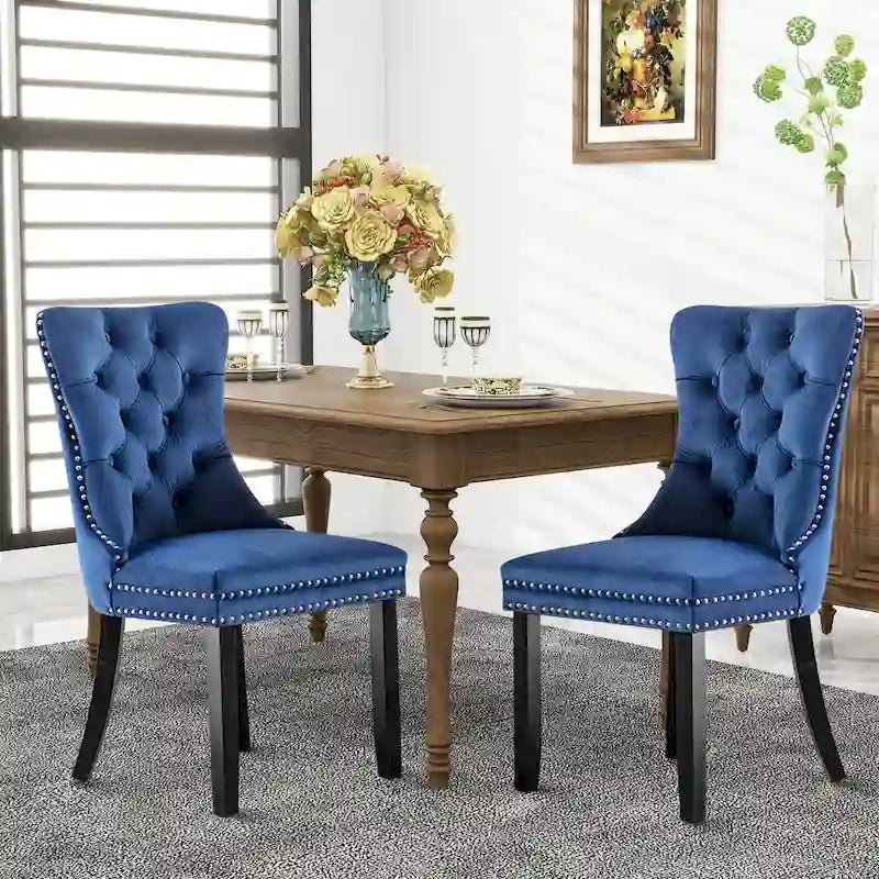 Set of 2 Velvet Dining Chairs,Tufted Solid Wood Armless Chairs Accent Chair with Nailhead Trim and Back Ring Pull - N/A
