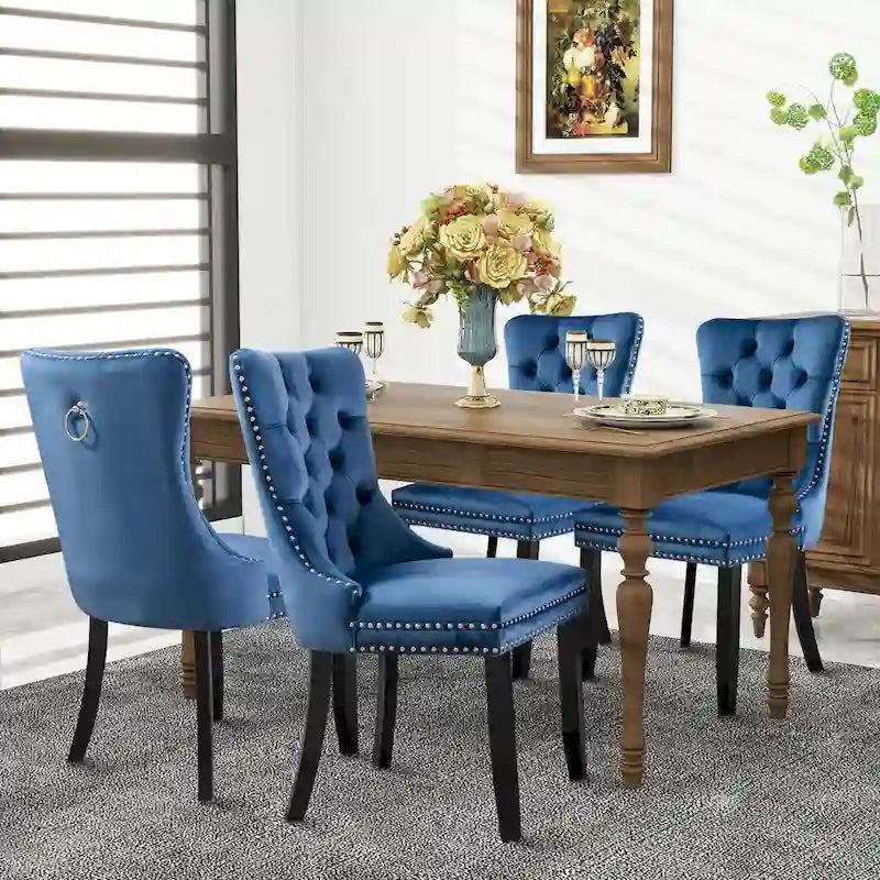 Set of 2 Velvet Dining Chairs with Nailhead Trim and Ring Pull