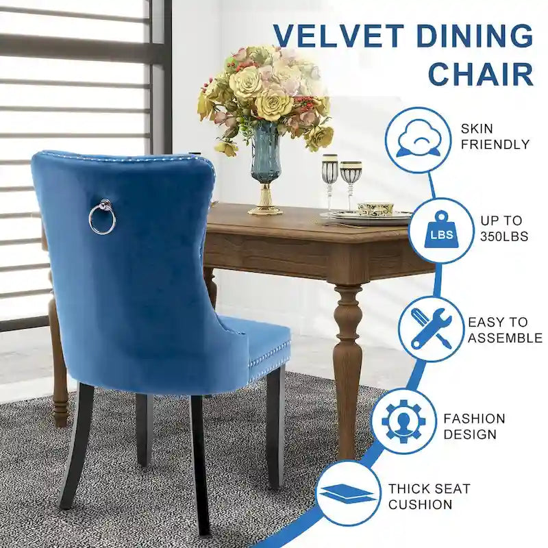 Set of 2 Velvet Dining Chairs with Nailhead Trim and Ring Pull