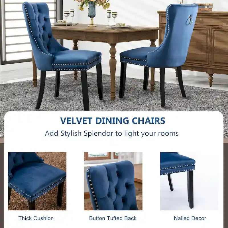 Set of 2 Velvet Dining Chairs with Nailhead Trim and Ring Pull