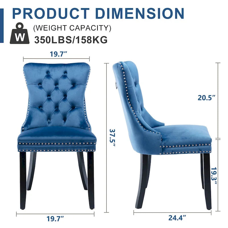 Set of 2 Velvet Dining Chairs with Nailhead Trim and Ring Pull