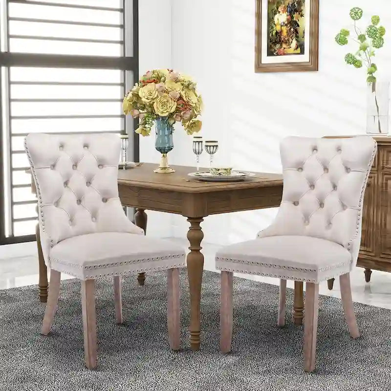 Set of 2 Velvet Dining Chairs with Nailhead Trim and Ring Pull