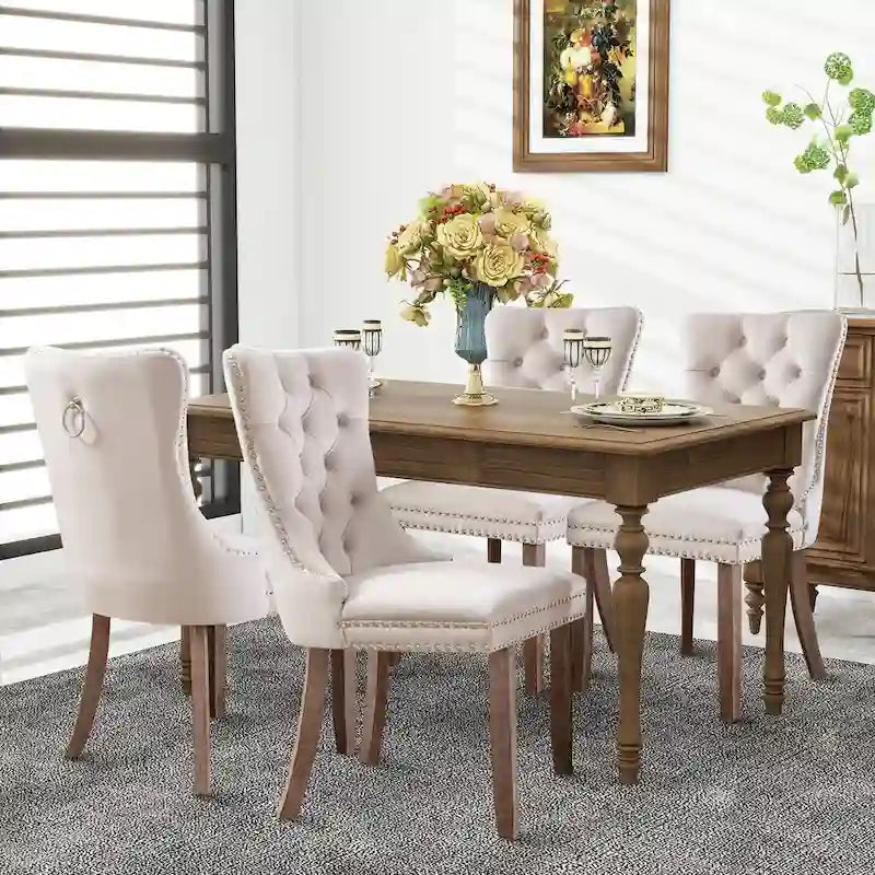 Set of 2 Velvet Dining Chairs with Nailhead Trim and Ring Pull
