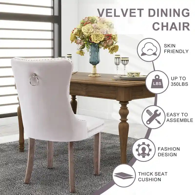 Set of 2 Velvet Dining Chairs with Nailhead Trim and Ring Pull