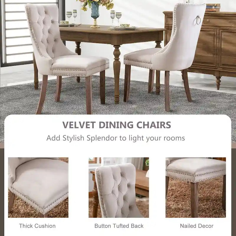 Set of 2 Velvet Dining Chairs with Nailhead Trim and Ring Pull