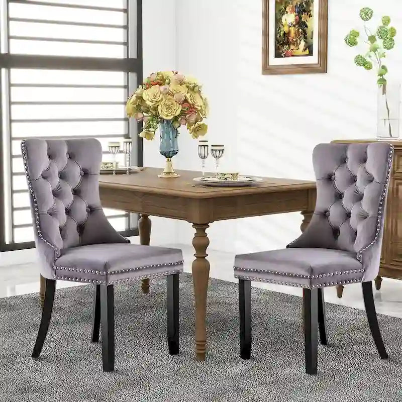Set of 2 Velvet Dining Chairs with Nailhead Trim and Ring Pull