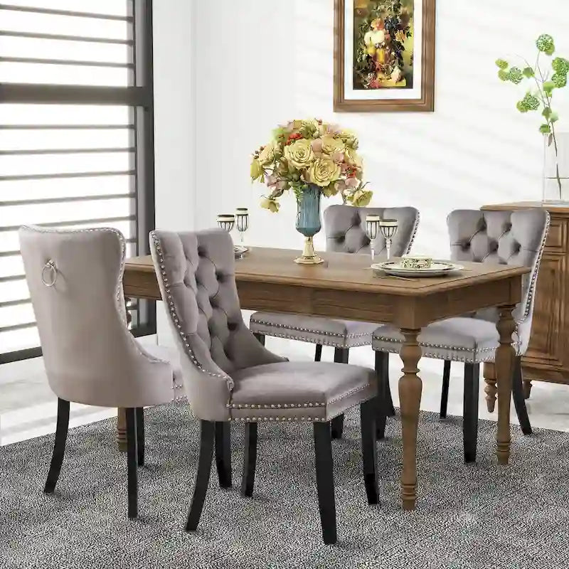 Set of 2 Velvet Dining Chairs with Nailhead Trim and Ring Pull