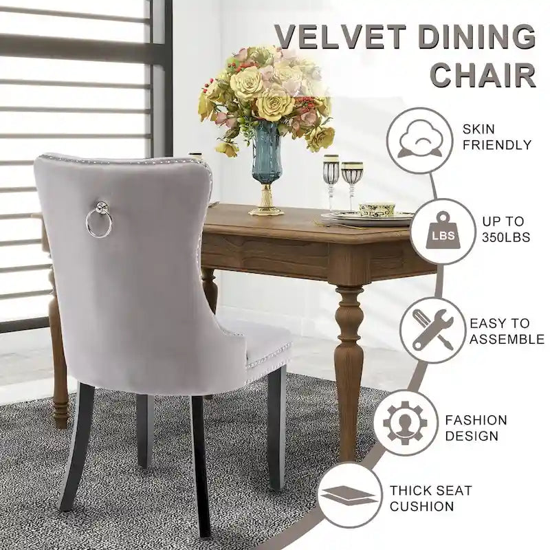 Set of 2 Velvet Dining Chairs with Nailhead Trim and Ring Pull