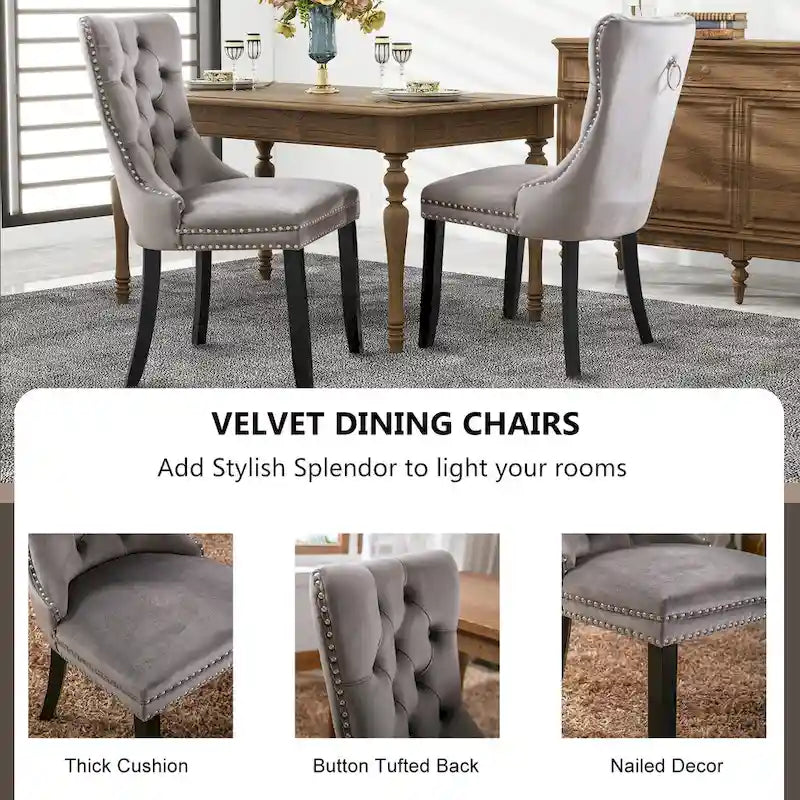 Set of 2 Velvet Dining Chairs with Nailhead Trim and Ring Pull