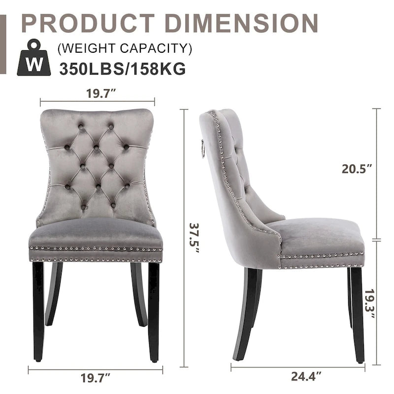 Set of 2 Velvet Dining Chairs with Nailhead Trim and Ring Pull