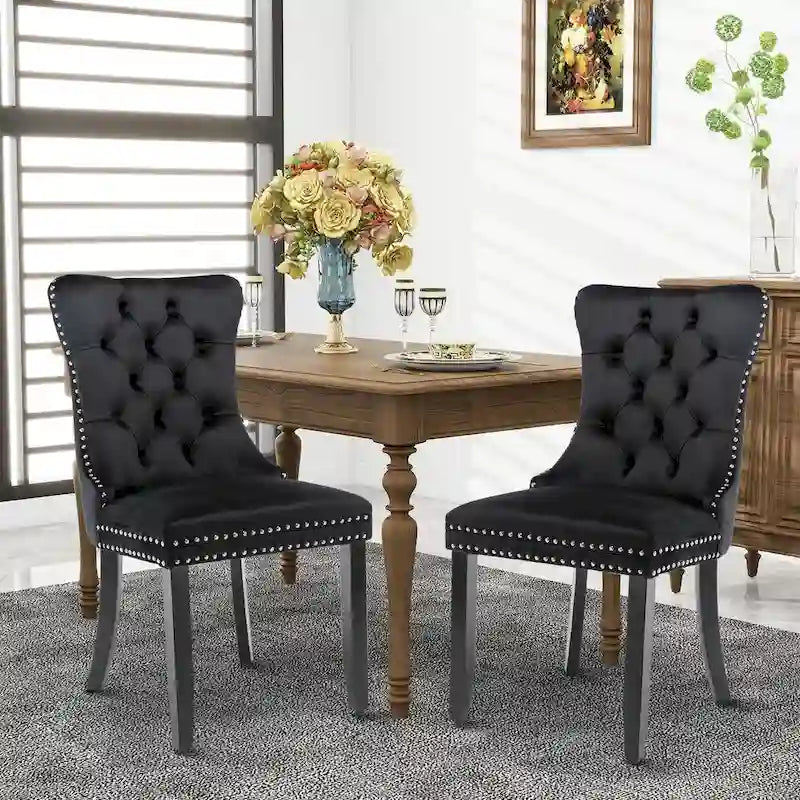 Set of 2 Velvet Dining Chairs with Nailhead Trim and Ring Pull