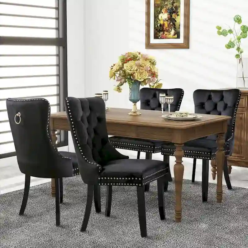 Set of 2 Velvet Dining Chairs with Nailhead Trim and Ring Pull