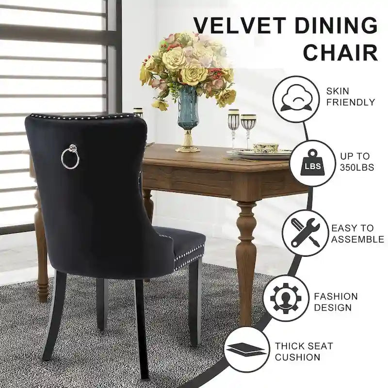 Set of 2 Velvet Dining Chairs with Nailhead Trim and Ring Pull