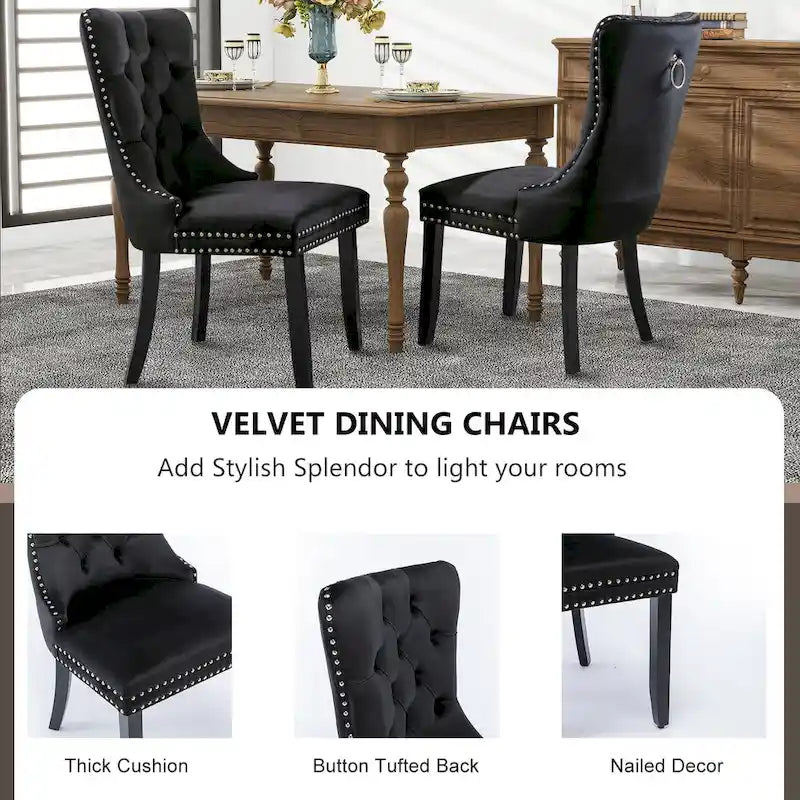Set of 2 Velvet Dining Chairs with Nailhead Trim and Ring Pull