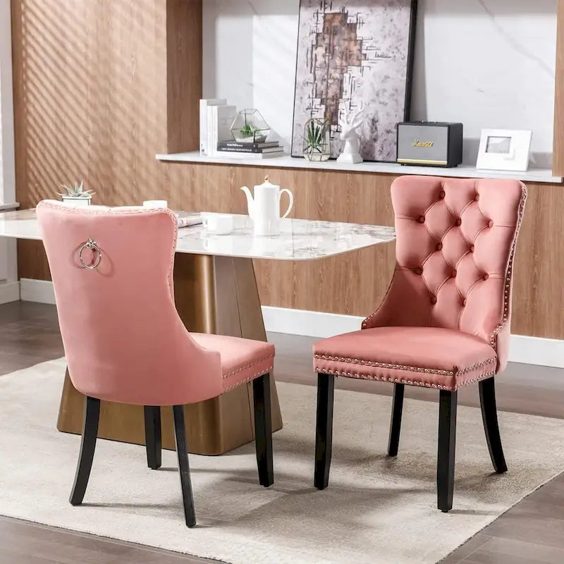 Set of 2 Velvet Dining Chairs with Nailhead Trim and Ring Pull