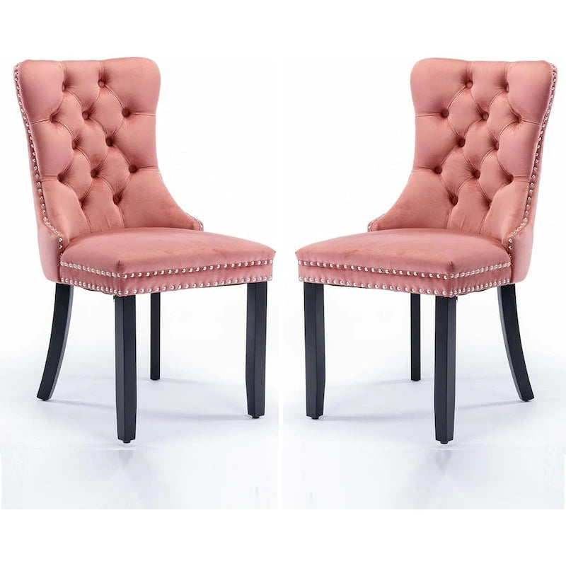 Set of 2 Velvet Dining Chairs with Nailhead Trim and Ring Pull