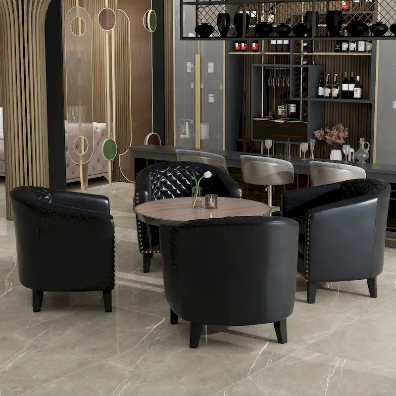 Set of 4 Modern Faux Leather Barrel Accent Chairs with Wood Legs