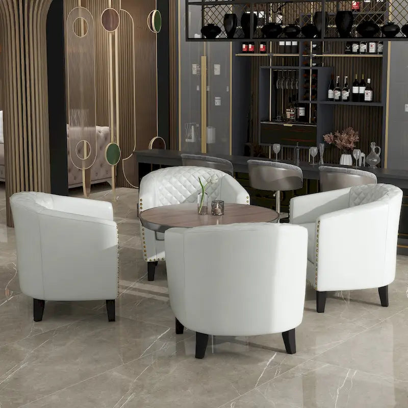 Set of 4 Modern Faux Leather Barrel Accent Chairs with Wood Legs
