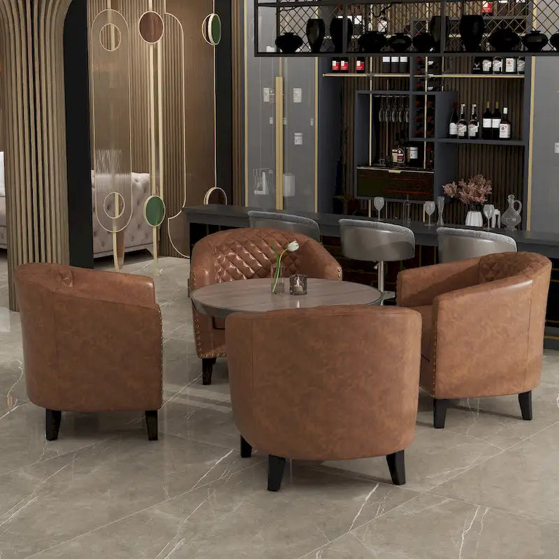 Set of 4 Modern Faux Leather Barrel Accent Chairs with Wood Legs