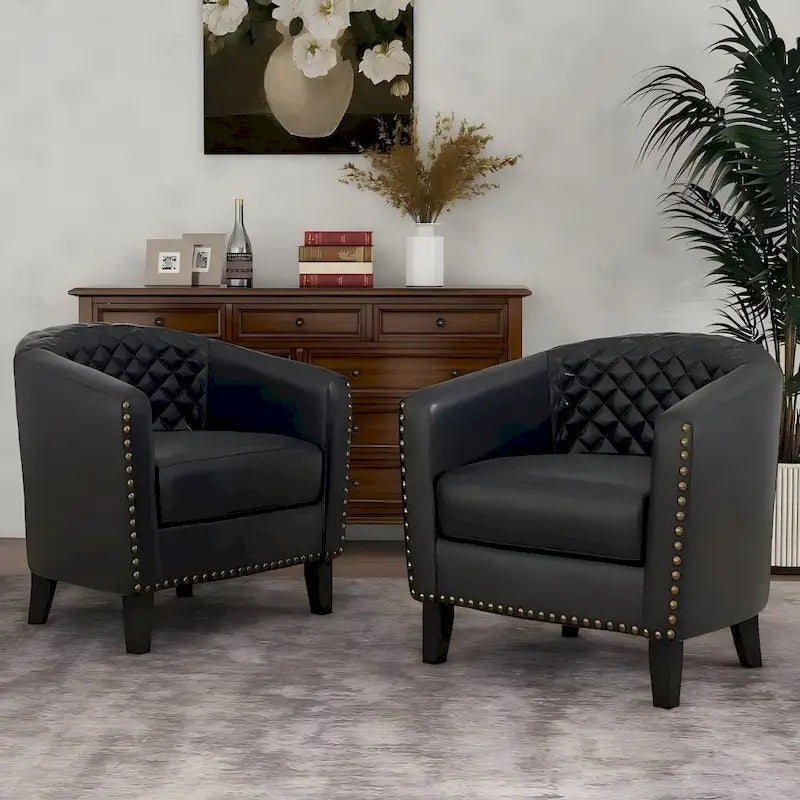 Set of 4 Modern Faux Leather Barrel Accent Chairs with Wood Legs